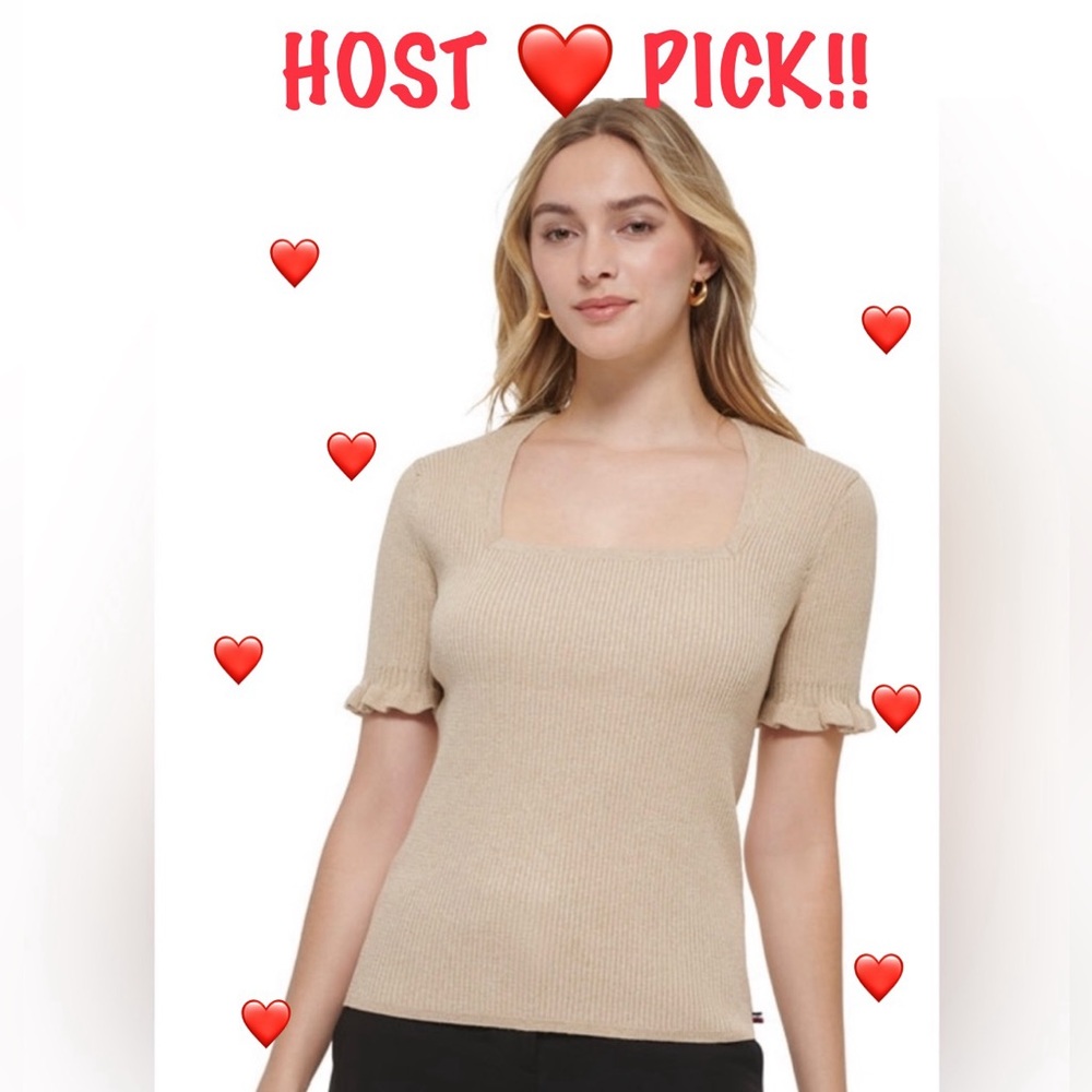 Tommy Hilfiger Fawn Metallic Square Neck Ruffled-Cuff Ribbed Sweater - XL